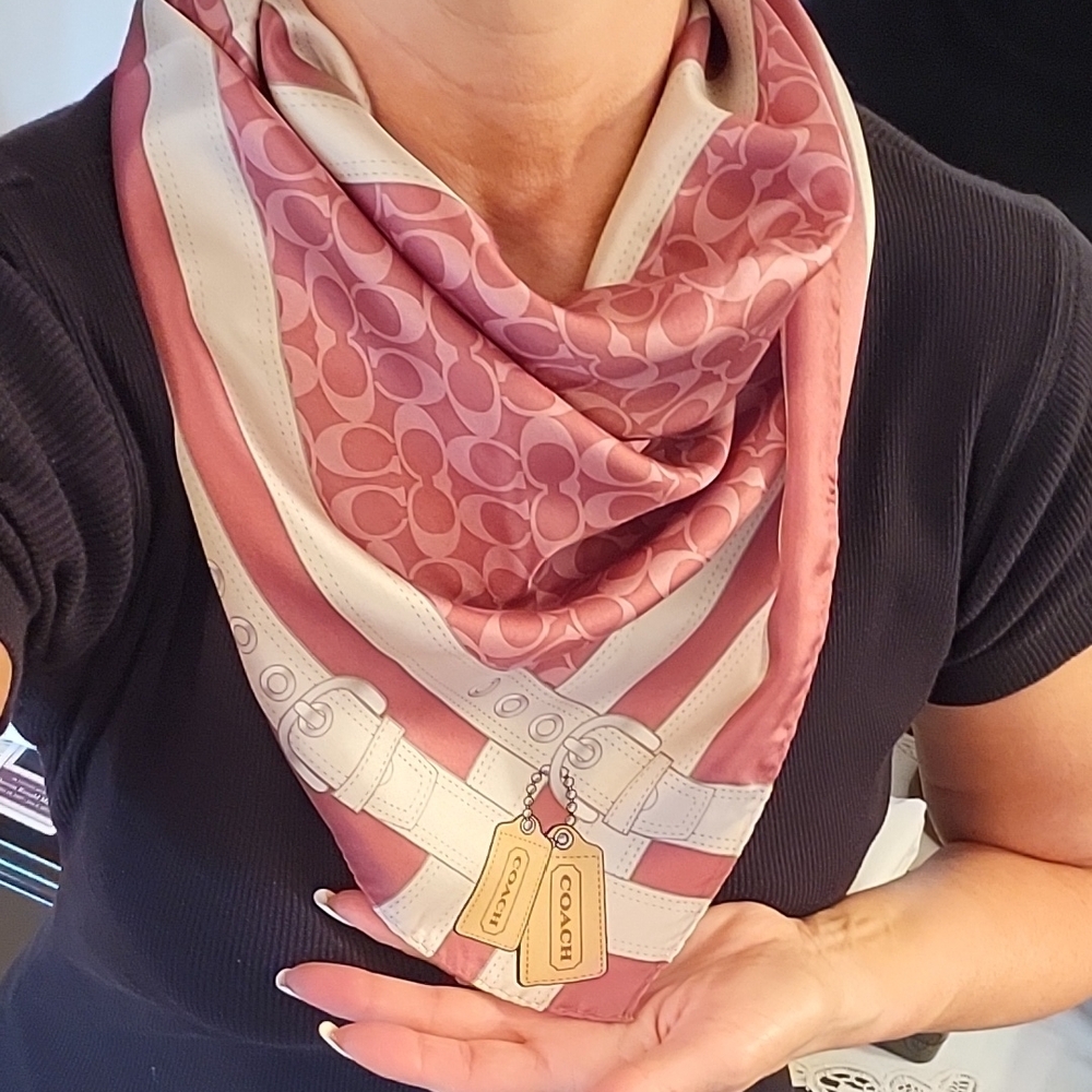 NEW Coach Pink & White Pure Silk Scarf, 26" Square, Prominent Logo